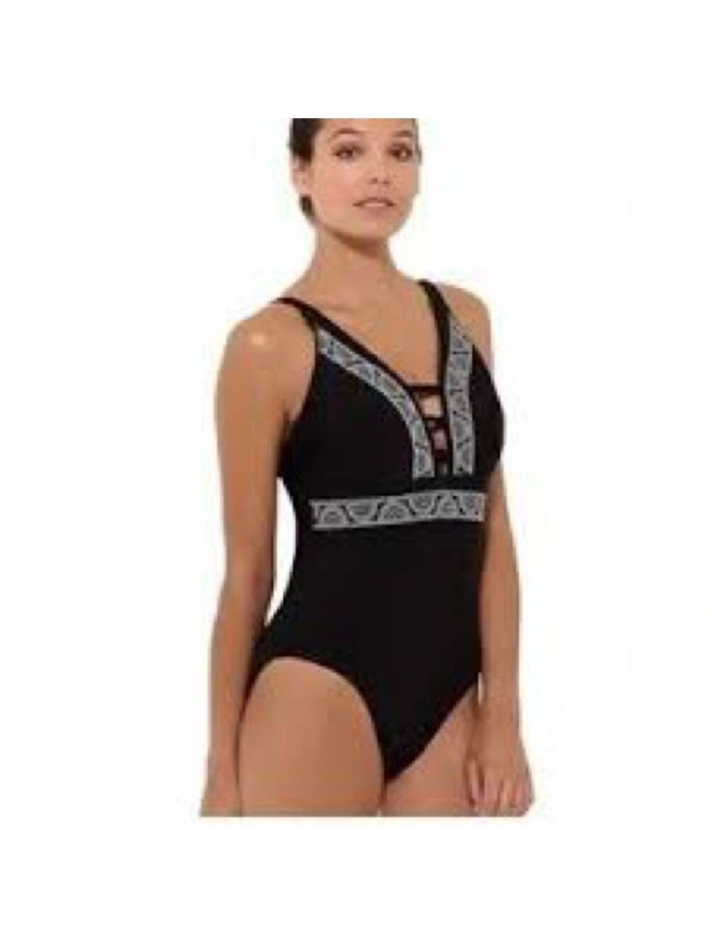 Freshwater Black One-Piece Swimsuit with Embroidered Trim Sz Large